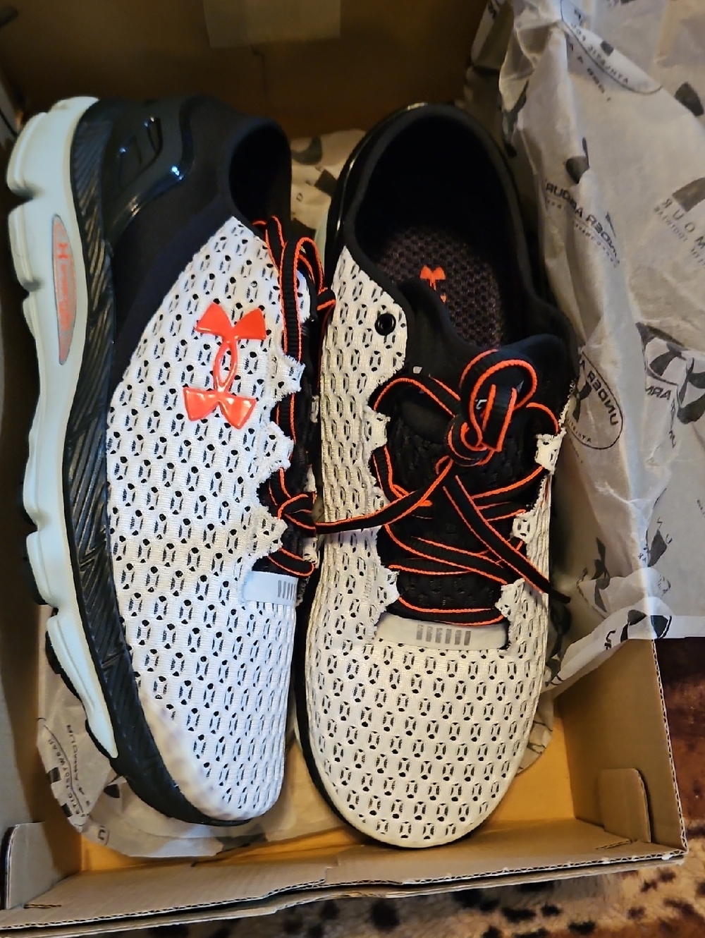 Under Armour SpeedForm Gemini White Black Athletic Shoes with Orange Accents